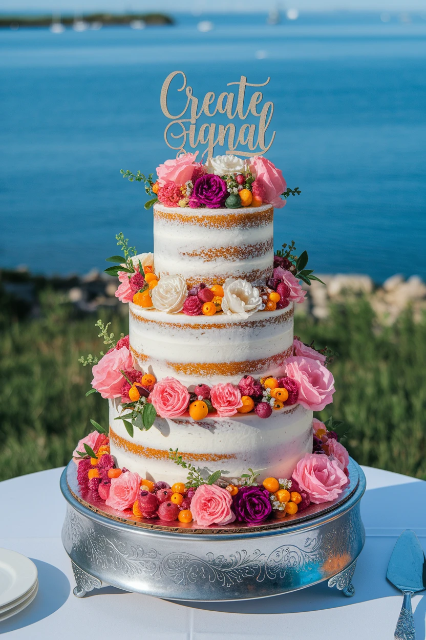 A rustic three-tier wedding cake with a semi-naked design, adorned with colorful flowers and fruits, featuring a wooden topper by the seaside.