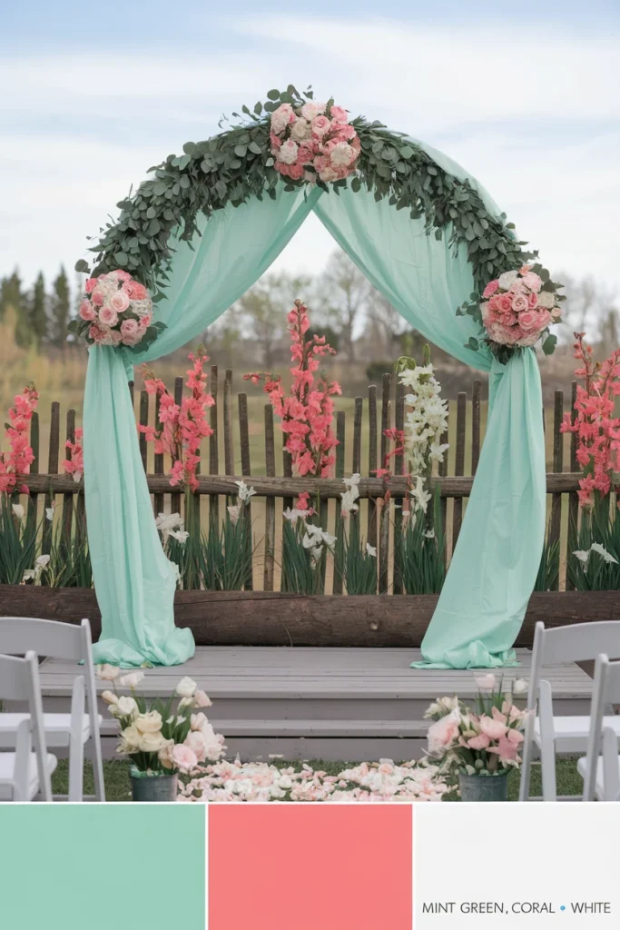 Mint green and coral floral wedding arch with white chairs.
