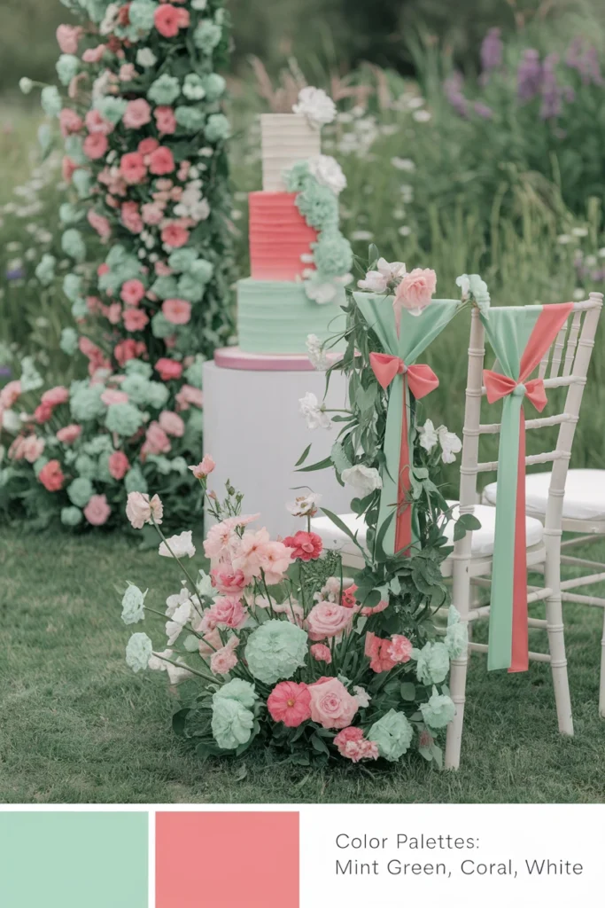 Mint green and coral wedding cake and decorated chairs.