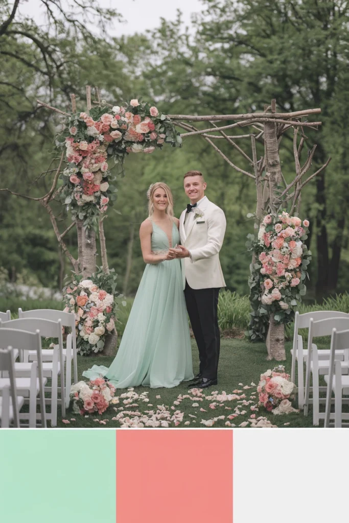 Bride and groom under a floral arch at their wedding.