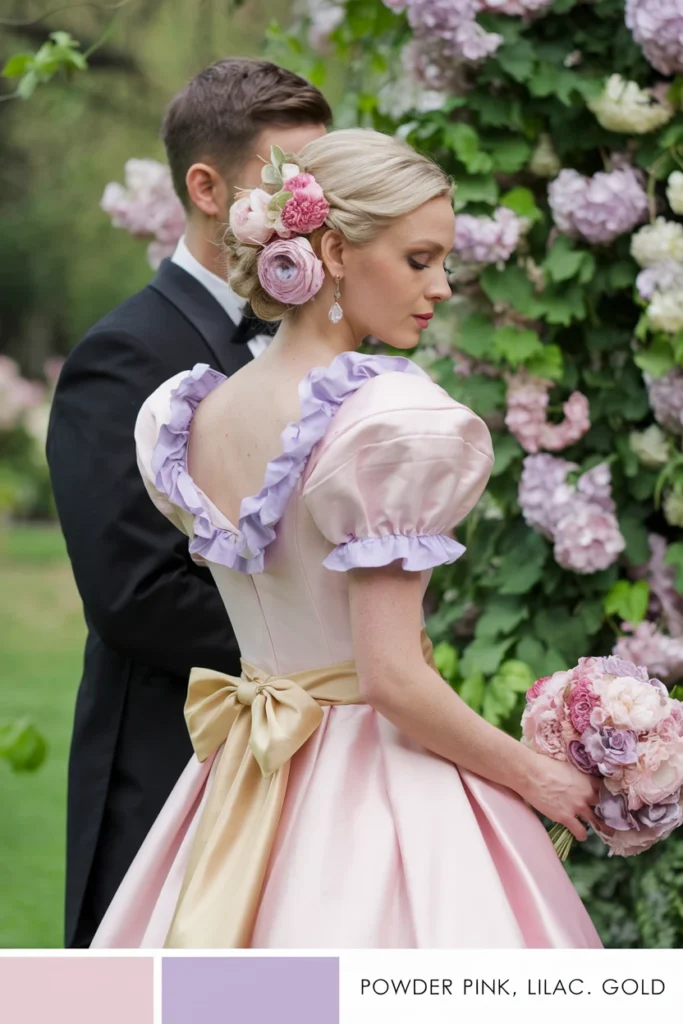 A wedding scene featuring powder pink and lilac elements, including a floral bouquet, a bride in a pink gown, and a flower-adorned archway, all evoking a romantic and whimsical ambiance.