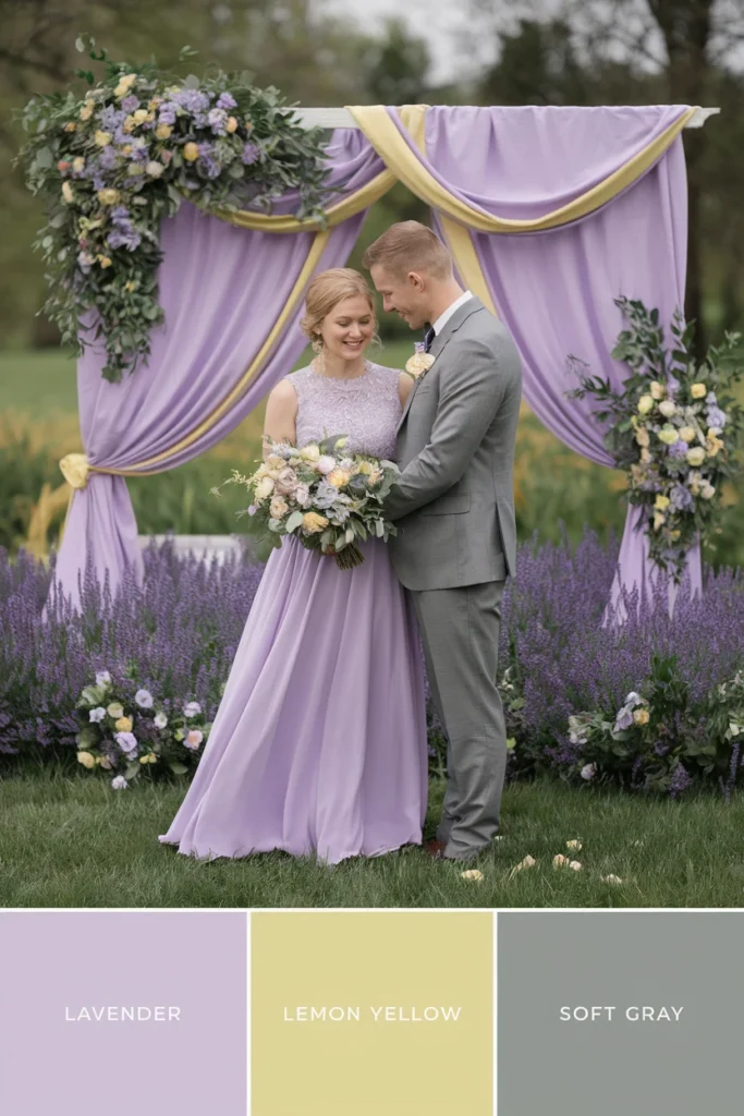 A couple in a lavender wedding setting