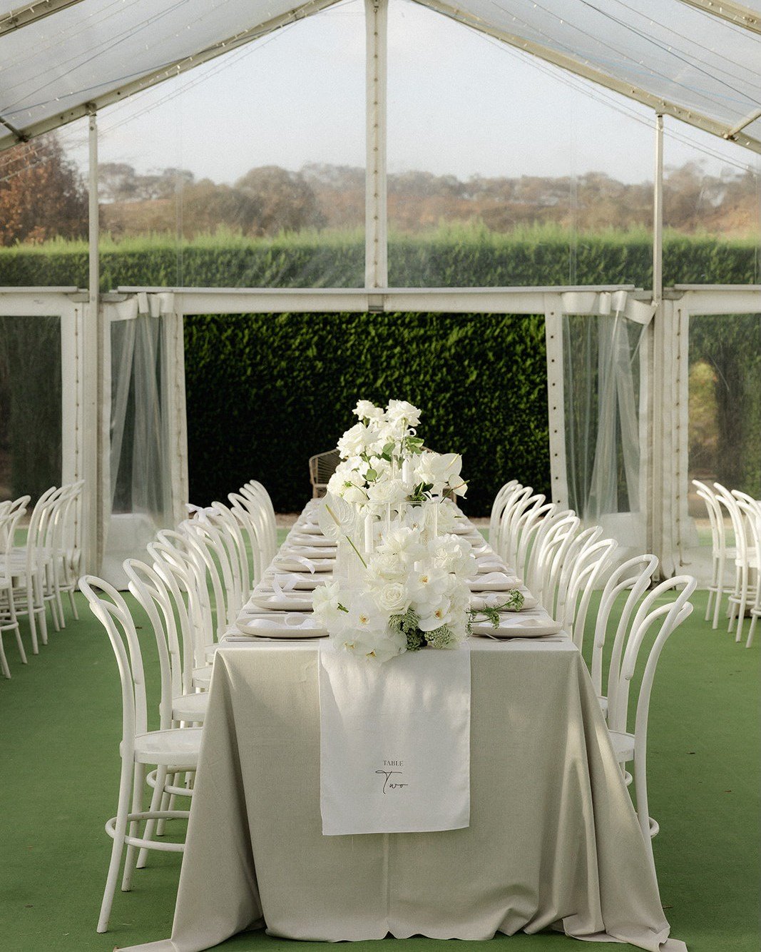 Long table decorated with white flowers.