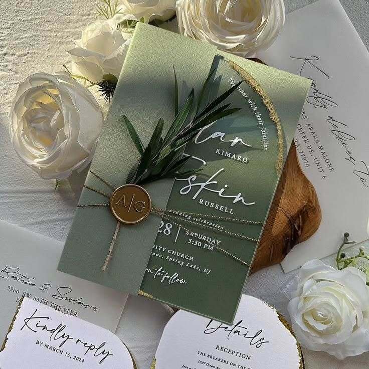 A wedding invitation suite with a sage green main card, a gold wax seal, and a real green leaf sprig, displayed amongst white roses and other coordinating stationery elements.